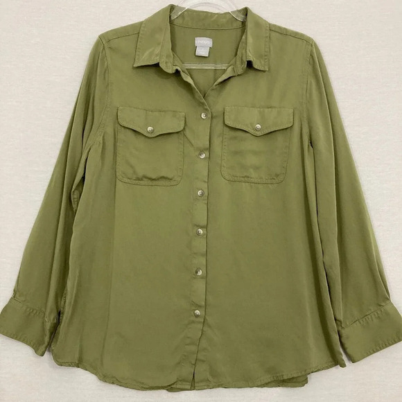 Chico's Green Ultra Soft Comfy Office Career Long Sleeve Button Down size 12/14 - Picture 1 of 10